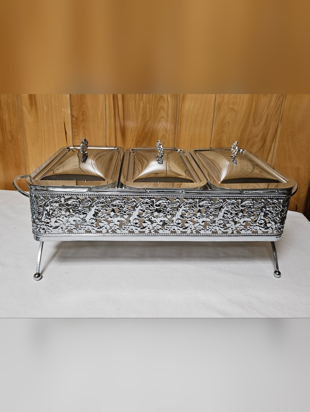 Vintage Fire King Triple Chafing Dish: Silver Plated MidCentury Loaf Pans 3- 1QT